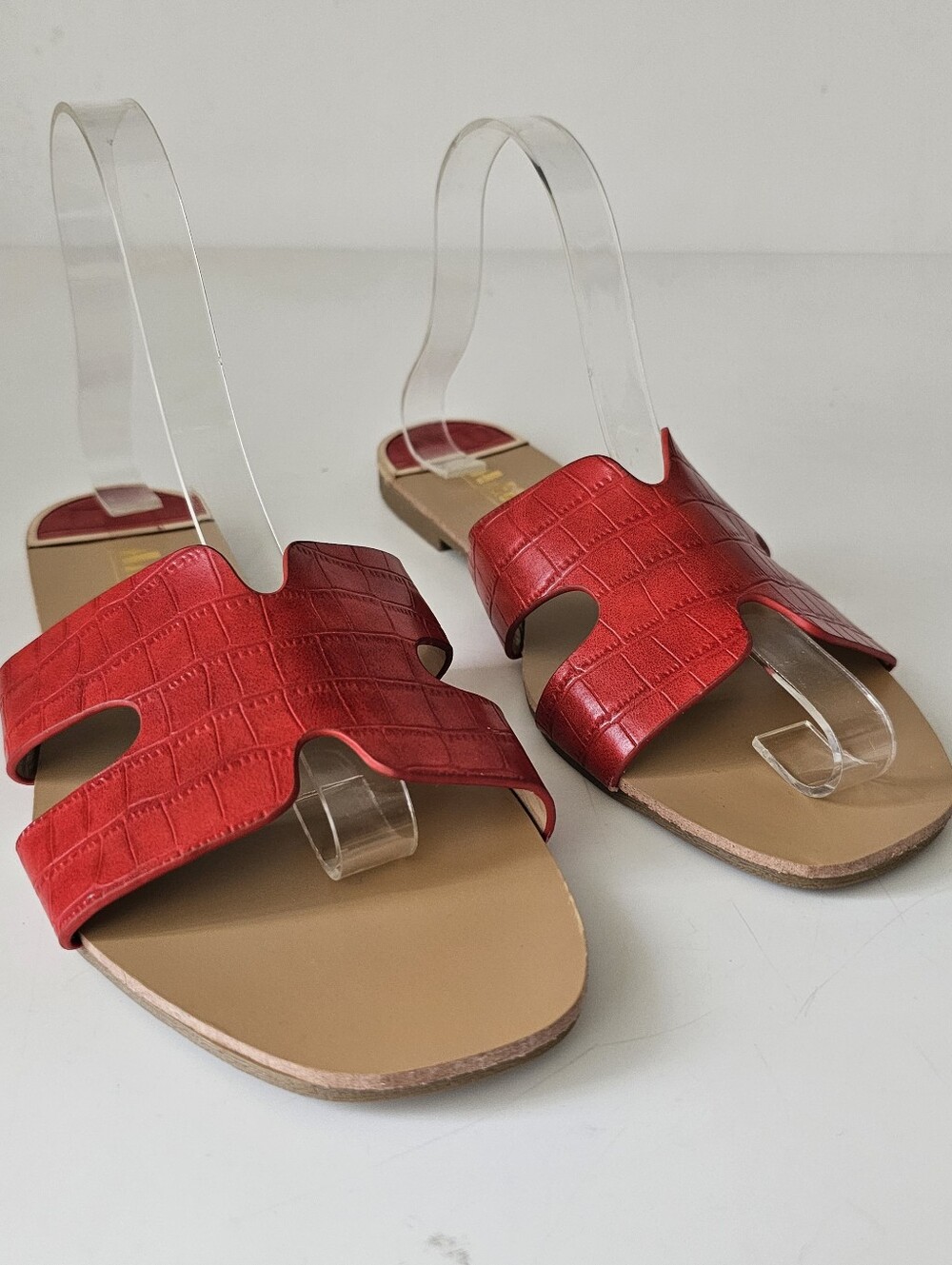 AMS Womens 7.5 Red Croc-Embossed Flat Slide Sandals "H" Cut Out